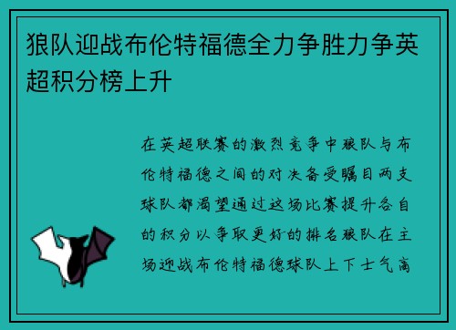 狼队迎战布伦特福德全力争胜力争英超积分榜上升